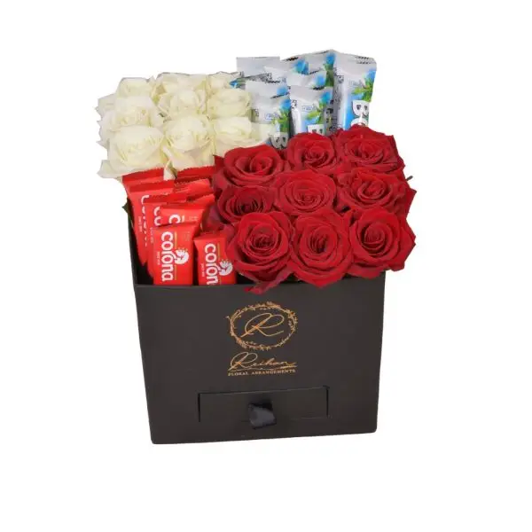 A box of white and red roses with luxury chocolates – a Valentine's Day and Mother's Day gift