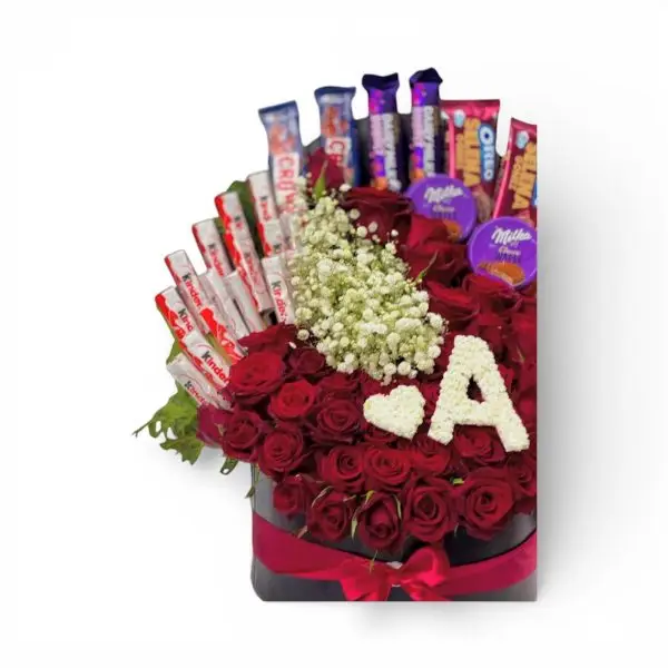 Luxury red roses and chocolate gift box – elegant romantic gift