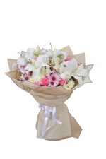 Elegant white lily and pink rose bouquet with mauve chrysanthemum