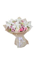 Elegant white lily and pink rose bouquet with mauve chrysanthemum
