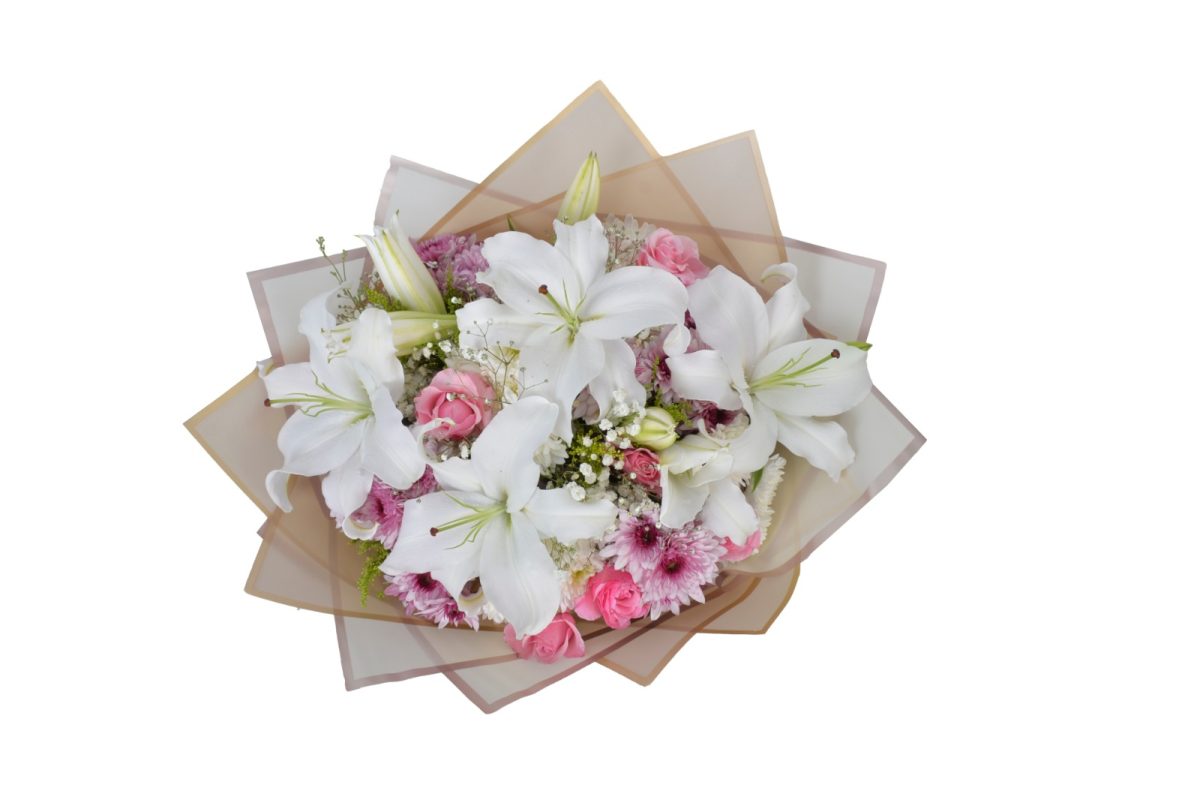 Elegant Lily & Pink Rose Bouquet with Mauve Chrysanthemum - Image 2