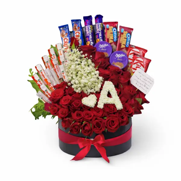 Luxury red roses and chocolate gift box – elegant romantic gift