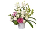 Luxury white flower box with lilies, roses, baby flowers and chrysanthemum