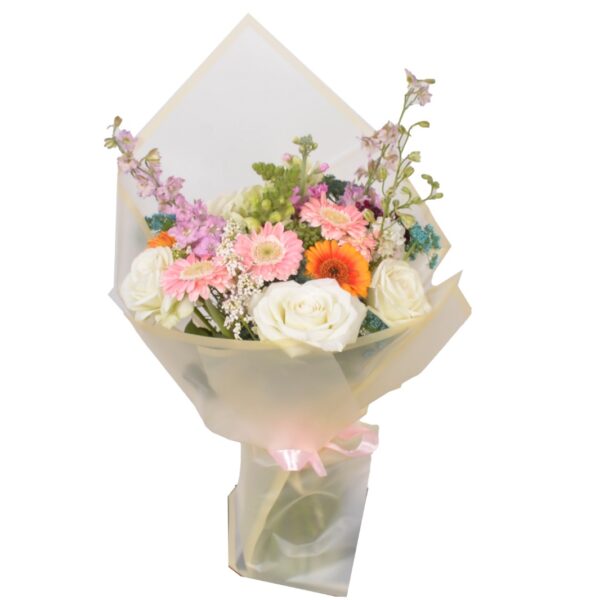 gerbera and rose bouquet with delphinium in elegant wrapping
