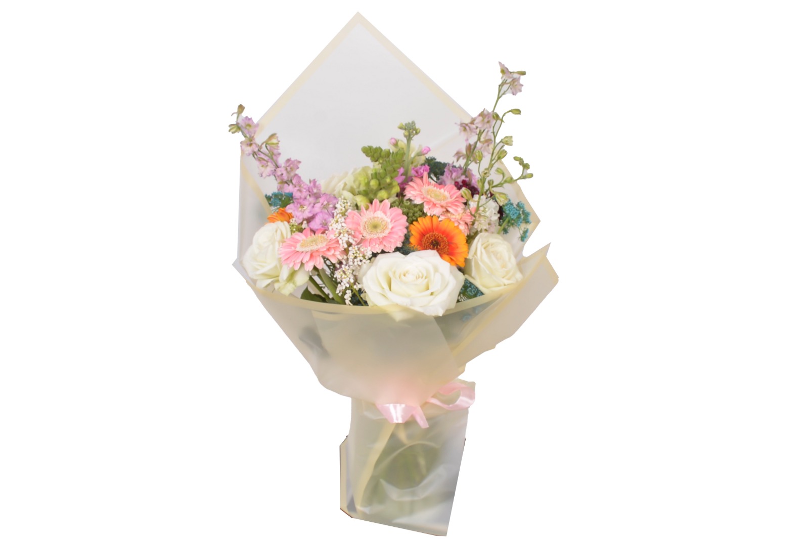 WhatsApp Image 2026-03-25 at 10.49.20 PM gerbera and rose bouquet with delphinium in elegant wrapping